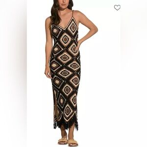 NWT Black Brown and White Crochet Maxi Dress - Coverup Granny Squares size large
